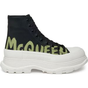 Alexander McQueen, Schoenen, Heren, Zwart, 43 EU, Zwarte Leren Graffiti Print Sneakers