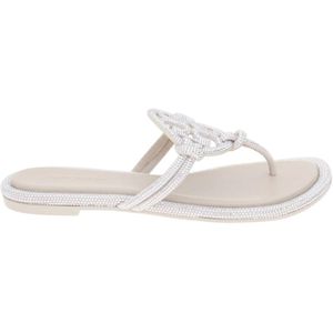 Tory Burch, Grijze Suède Teenslippers met Hot Set Stenen Grijs, Dames, Maat:40 EU