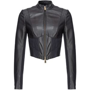 Pinko, Jassen, Dames, Zwart, XS, Katoen, Leren en stoffen bikerjack