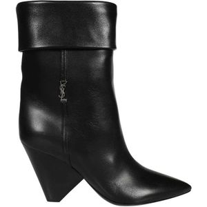 Saint Laurent, Schoenen, Dames, Zwart, 39 EU, Leer, Leren Enkellaarsjes met Puntige Neus