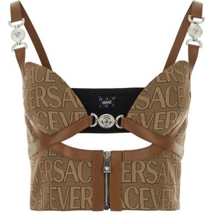 Versace, Geborduurde Jacquard Top Bruin, Dames, Maat:S