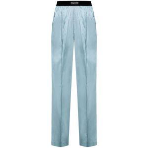 Tom Ford, Heldere Blauwe Zijden Broek met Fluweel Tailleband Blauw, Dames, Maat:L