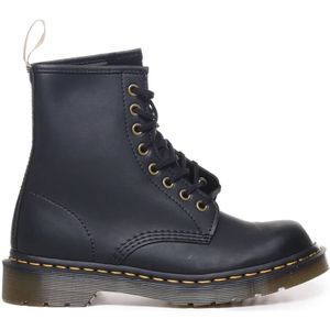 Dr. Martens, Schoenen, Dames, Zwart, 36 EU, Glanzende Zwarte Veganistische Laarzen met Gele Stiksels