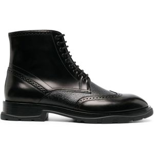 Alexander McQueen, Schoenen, Heren, Zwart, 45 EU, Leer, Zwarte Veterschoenen Brogue Laarzen