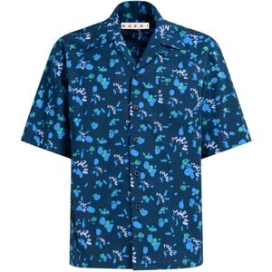 Marni, Overhemden, Heren, Blauw, XS, Katoen, Poplin bowling shirt met druipend print