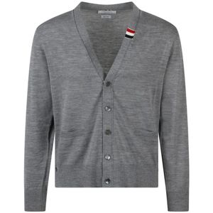 Thom Browne, Gestreepte Merino Wol Cardigan Grijs, Heren, Maat:L