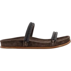 Brunello Cucinelli, Schoenen, Dames, Grijs, 37 EU, Suède, Iconische Juweel Suède Sandalen