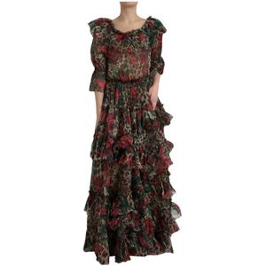 Dolce & Gabbana, Kleedjes, Dames, Veelkleurig, S, Polyester, Luxe Bloemen Luipaardprint Maxi Jurk