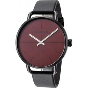 Calvin Klein, Elegante Quartz Horloge met Bordeaux Rode Wijzerplaat en Zwarte Leren Band Zwart, Dames, Maat:ONE Size
