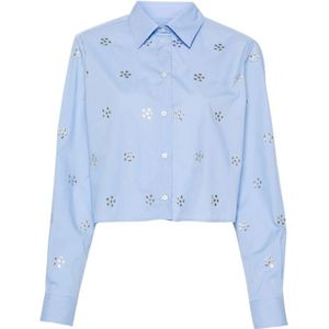 Msgm, Blouses & Shirts, Dames, Blauw, S, Katoen, Blauwe Shirt met Kristallen Versiering
