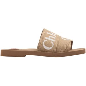 Chloé, Schoenen, Dames, Bruin, 35 EU, Linnen, Bruine Platte Schoenen Woody Woestijn Beige