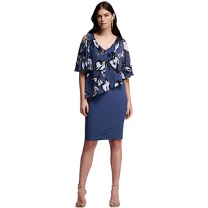 Joseph Ribkoff, Kleedjes, Dames, Blauw, 5Xl, Chiffon, Bloemen Chiffon Overlay Midi Jurk