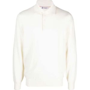 Brunello Cucinelli, Tops, Heren, Wit, M, Witte Cashmere Gebreide Polo Sweater