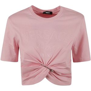 Versace, Jersey Stof T-shirts en Polos met Milano Logo Borduurwerk Roze, Dames, Maat:XS