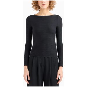 Emporio Armani, Tops, Dames, Zwart, L, Geribbelde Jersey Trui Boothals Lange Mouw