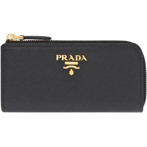 Prada, Leren Sleutelhanger Portemonnee Rits Sluiting Zwart, Dames, Maat:ONE Size