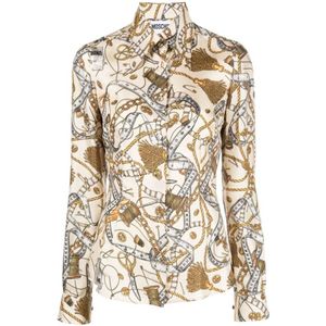 Moschino, Blouses & Shirts, Dames, Beige, M, Zijden Overhemd met Teugelprint