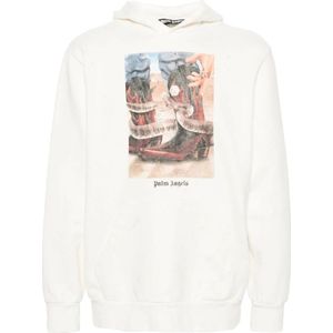 Palm Angels, Beige Oversized Hoodie met The Game Of The Snake Print Wit, Heren, Maat:L