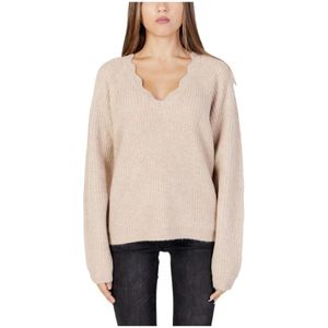 Vila, Beige V-Hals Gebreide Trui voor Vrouwen Beige, Dames, Maat:M