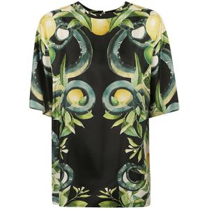 Roberto Cavalli, Tops, Dames, Zwart, 2Xl, Satijn, Zwarte T-shirts en Polos met Limoni Foulard