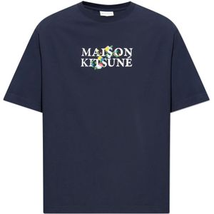 Maison Kitsuné, Tops, Heren, Blauw, XL, Katoen, T-shirt met logo