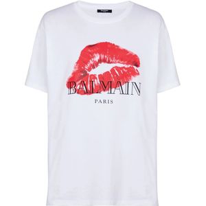 Balmain, Tops, Heren, Wit, S, Katoen, Relaxed T-shirt met Kus print