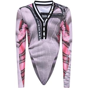 Y/Project, Blouses & Shirts, Dames, Roze, L, Roze en zwarte bodysuit met ruitpatroon