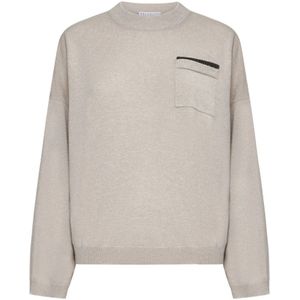 Brunello Cucinelli, Truien, Dames, Beige, L, Kasjmier, Kasjmier Crew Neck Sweater met Monile Versiering