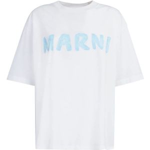 Marni, Tops, Dames, Wit, L, Katoen, Oversized Logo Print Tshirt