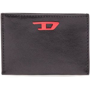 Diesel, Leather card holder with red D plaque Zwart, Heren, Maat:ONE Size