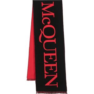 Alexander McQueen, Accessoires, Heren, Zwart, ONE Size, Katoen, Winter Sjaals, Katoenen Sjaal met Franjes en Oversized Logo Intarsia