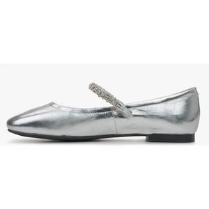 Estro, Schoenen, Dames, Grijs, 39 EU, Leer, Zilveren Mary Jane Dames Ballet Flats met Decoratieve Band