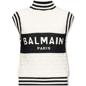 Balmain, Truien, Dames, Beige, M, Katoen, Mouwloze Coltrui