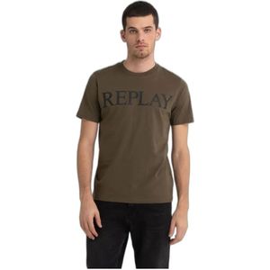 Replay, Tops, Heren, Groen, XL, Katoen, Groene Print Ronde Hals T-shirt