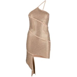 Andrea Adamo, Gouden Rhinestone One-Shoulder Mini Jurk Beige, Dames, Maat:M