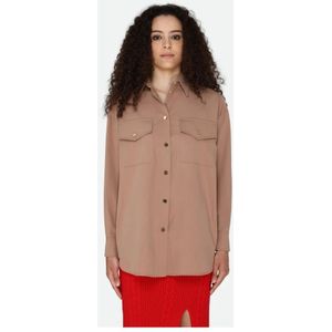 Pinko, Blouses & Shirts, Dames, Beige, M, Polyester, Beige Shirt met Gouden Knopen