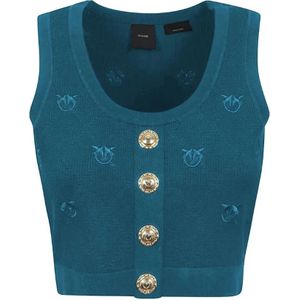 Pinko, Tops, Dames, Blauw, M, Blauw Viscose Mouwloze Top met Gouden Knopen