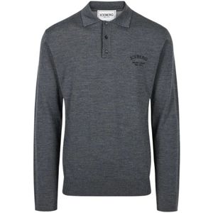 Iceberg, Truien, Heren, Grijs, XL, Wol, Grijze polo met lange mouwen van merinowol met logo