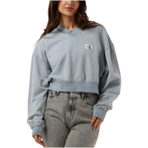 Calvin Klein, Sweatshirts & Hoodies, Dames, Blauw, L, Katoen, Geweven Label V-hals Trui