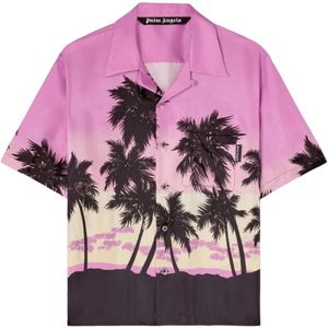 Palm Angels, Overhemden, Heren, Veelkleurig, M, Korte Mouw Zijden Bowling Shirt - Roze Sunset Grafische Print