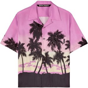 Palm Angels, Korte Mouw Zijden Bowling Shirt - Roze Sunset Grafische Print Veelkleurig, Heren, Maat:L