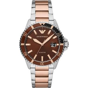 Emporio Armani, Quartz Horloge 10 Bar Waterdicht Datum Bruine Wijzerplaat Veelkleurig, Heren, Maat:ONE Size