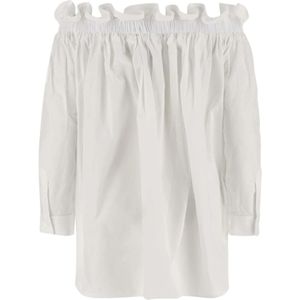 AZ Factory, Katoenen Off-Shoulder Blouse met Gerimpelde Zoom Wit, Dames, Maat:S