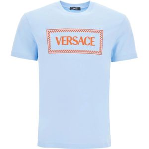 Versace, Tops, Heren, Blauw, L, Katoen, Geborduurd Logo T-Shirt