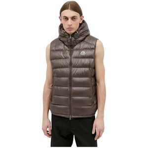 Moncler, Jassen, Heren, Bruin, L, Gewatteerd Down Gilet met Verstelbare Capuchon