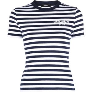 Versace, Tops, Dames, Veelkleurig, S, Nautische Strepen Logo T-Shirt