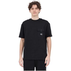 Calvin Klein Jeans, Tops, Heren, Zwart, L, Katoen, Zwart T-shirt met gestructureerd motief en logozakje