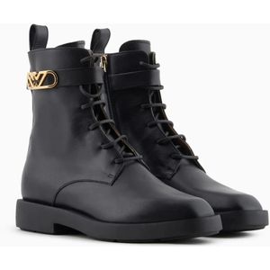 Emporio Armani, Schoenen, Dames, Zwart, 36 EU, Leer, Zwarte leren veterschoenen Zijrits Rubberen zool