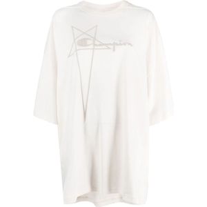 Rick Owens, Tops, Dames, Wit, XS, Katoen, Logo-Ingedrukt Oversized Katoenen T-Shirt