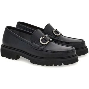 Salvatore Ferragamo, Schoenen, Heren, Zwart, 43 EU, Leer, Zwarte platte loafers met Gancini gesp